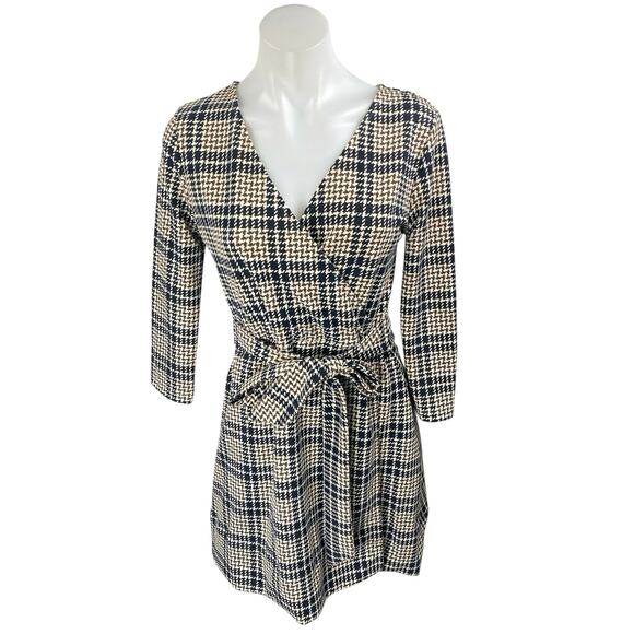 Lands' End Brown Houndstooth Plaid Faux Wrap Belted Mini A-line Dress Size 6-8 - Picture 1 of 4
